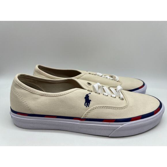 Polo Ralph Lauren Men’s Keaton-Pony Lace Up Canvas Sneaker Cream 9.5 NEW - Picture 1 of 12
